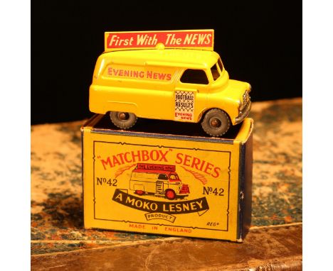 Matchbox '1-75' series diecast model 42a Evening News van, yellow body with decals, unpainted metal wheels, boxed