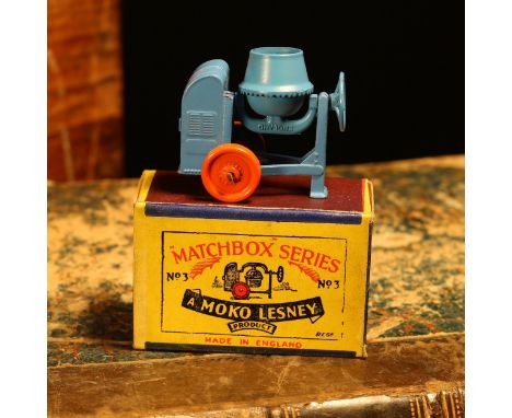 Matchbox '1-75' series diecast model 3a cement mixer, pale blue body with orange metal wheels, boxed