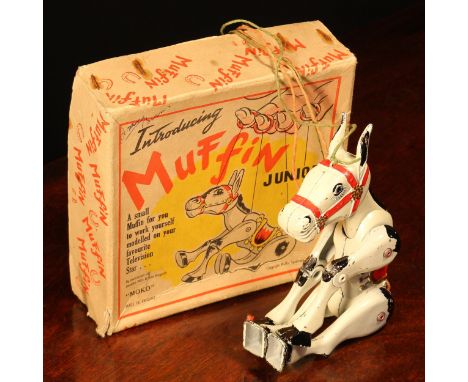 A Moko Lesney Muffin the Mule Junior string puppet, painted white and black metal body with red harness and saddle, boxed, c.