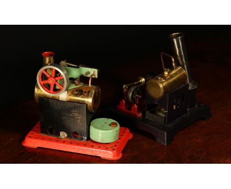 Live Steam - a Mamod Minor horizontal stationary steam engine, six spoke flywheel painted in red, brass boiler with brass sin