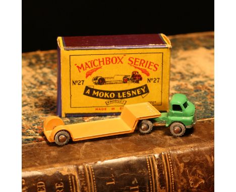 Matchbox '1-75' series diecast model 27a Bedford low loader, pale green cab, tan low loader, unpainted metal wheels, boxed