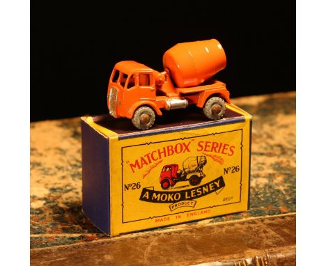Matchbox '1-75' series diecast model 26a E.R.F. cement mixer, orange cab and body, silver grille, unpainted metal wheels, box