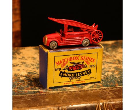 Matchbox '1-75' series diecast model 9a Dennis Fire Escape Fire Engine, red body with gold grille, no bumper, red seated driv