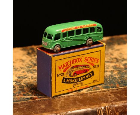 Matchbox '1-75' series diecast model 21a Bedford coach, green body and base, red and yellow 'LONDON TO GLASGOW' decals to top