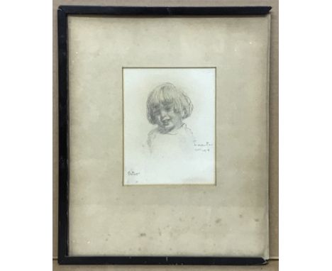 FRAMED OLD PENCIL SKETCH OF A BOY INSCRIBED PETER AND SIGNED FEATHER SEPT.1914FROM THE HOME OF PETER SAUNDERSdamaged frameapp