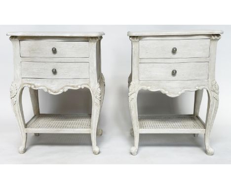 BEDSIDE/LAMP TABLES, a pair, French Louis XV style, each with two drawers and cane undertier, 51cm W x 41cm D x 71cm H. (2)