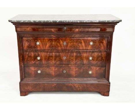 COMMODE, 19th century French Louis Philippe flame mahogany and gilt metal mounted with original St Annes marble top and four 