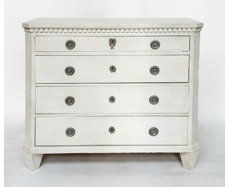 COMMODE, 19th century Gustavian style traditionally grey painted with four long drawers, 101cm W x 94cm D x 92cm H.