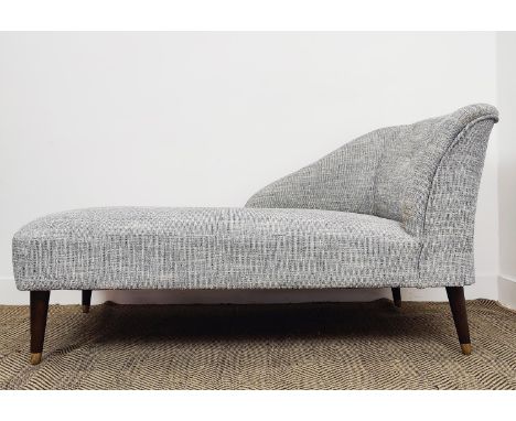 CHAISE LONGUE, light blue upholstered on beech legs with brass caps, 78cm H x 152cm W x 68cm D.