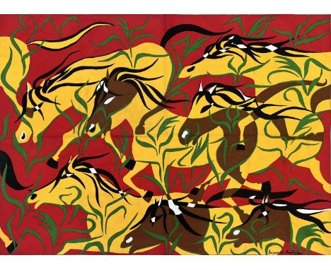 SUZANNE AUPHAN 'Chevaux En Camargue', tapestry, Les Editions Braun, Paris, 117cm x 163cm.