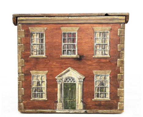 HOUSE TRUNK, 19th century table top pine trunk, hand painted as a Georgian town house, 33cm W x 30cm H x 30cm D.