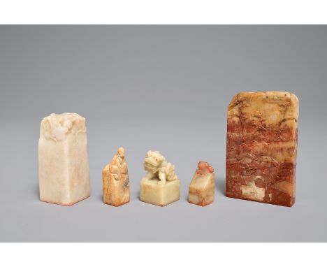 Five Chinese Shoushan soapstone seals with various designs, 19/20th C. Dim.: 12 x 7 x 2 cm (the largest seal) We have more lo