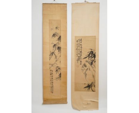 Two Chinese paper scroll paintings of bamboo branches, 19th C. Dim.: 184 x 46 cm (the tallest scroll) We have more lots avail
