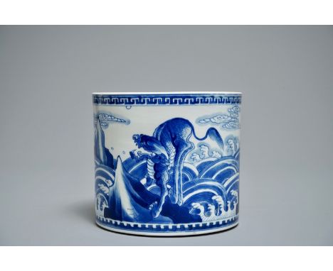 A Chinese blue and white cylindrical brush pot or bitong with mythical beasts, Kangxi H.: 16 cm - Dia.: 18 cm  Provenance: Th