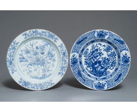 Two Chinese blue and white chargers with floral design, Kangxi and Qianlong Dia.: 39,5 and 39 cm We have more lots available 