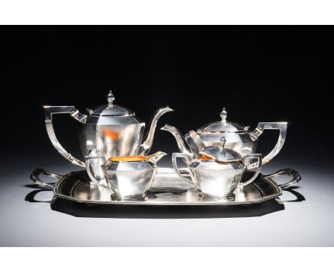 A Chinese silver art deco tea service on tray, Republic, 1st half 20th C. Comprising a tray, two large covered jugs, a covere