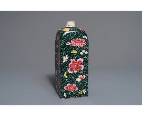 A square Chinese famille rose black-ground flask, Yongzheng/Qianlong H.: 26,5 cm  Provenance: The collection of a French lady