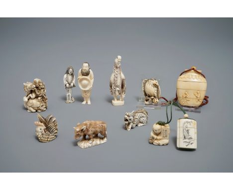 A collection of Japanese carved   netsuke and inro, Meiji to Showa, 19/20th C. H.: 9 cm (the tallest figure) We have more lot