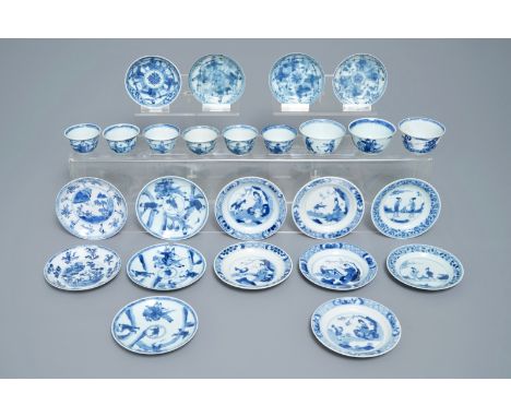 Sixteen Chinese blue and white saucers and nine cups, Kangxi L.: 10,5 cm (the saucer) H.: 3,5 cm - Dia.: 6,5 cm (the cup) We 