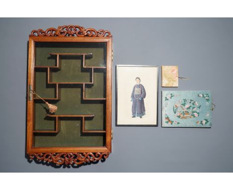 A Chinese carved wood wall display, two rice paper painting albums and a portrait, 19/20th C.Dim.: 77 x 46 x 12 cm (the cabin