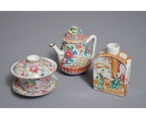 A Chinese famille rose teapot, a tea caddy and a millefleurs bowl on stand, Yongzheng and later H.: 13,5 - L.: 14,5 (the teap