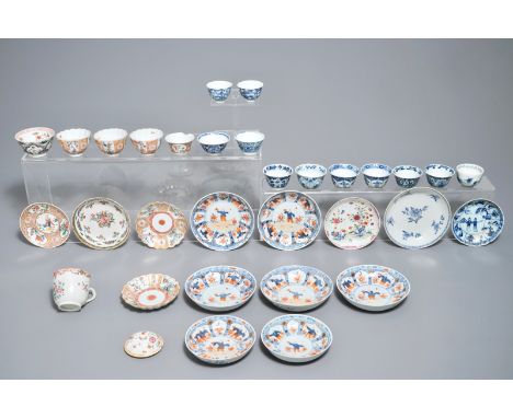 A collection of Chinese famille rose, verte and blue and white cups and saucers, Kangxi/Qianlong Dia.: 14,5 cm (the largest s