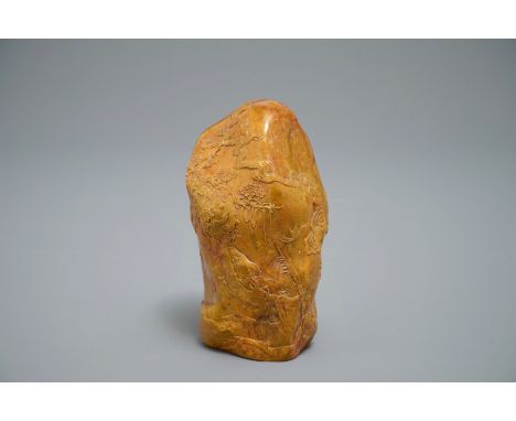 A Chinese carved Shoushan soapstone boulder with landscape design, 19/20th C. H.: 12 cm We have more lots available exclusive
