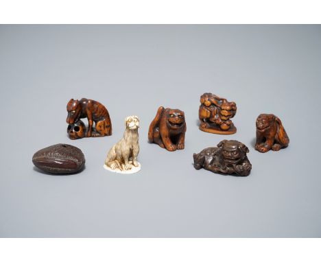 Seven Japanese carved wood and   netsuke and okimono, Japan, Meiji, 19/20th C. H.: 4,5 cm (the tallest) We have more lots ava