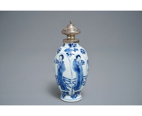 A Chinese blue and white silver-mounted tea caddy, Kangxi H.: 19 cm We have more lots available exclusively on our website ww