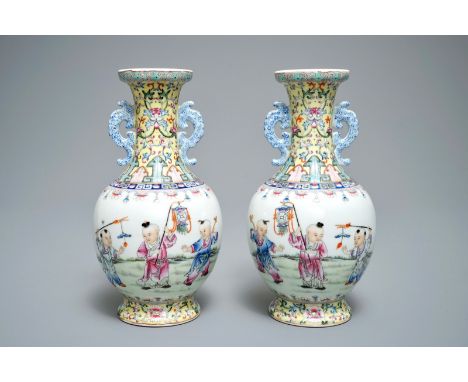 A pair of Chinese famille rose vases with playing boys, Qianlong mark, Republic, 20th C. H.: 22 cm We have more lots availabl