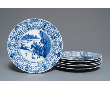 Six Chinese blue and white dishes with a Mongolian hunting scene, Chenghua mark, Kangxi Dia.: 26 cm We have more lots availab