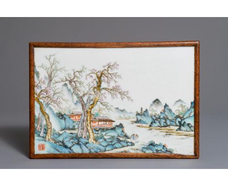 A Chinese qianjiang cai landscape plaque, seal mark, Republic, 1st half 20th C. Dim.: 39,5 x 27 cm (incl. frame) We have more