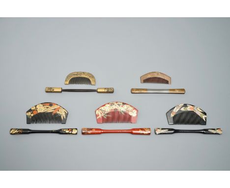 Ten sets of Japanese lacquer Kushi combs and Kougai hair pins, Meiji, 19th C. Dim.: 13,6 x 6 cm (the largest comb)L.: 24 cm (