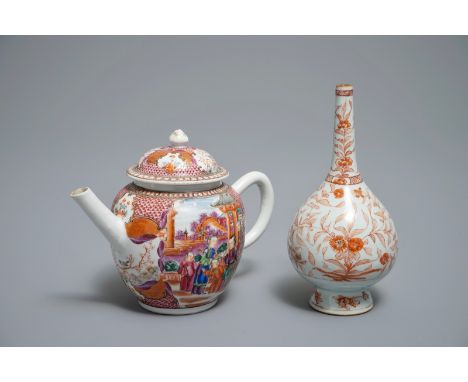 A Chinese iron red and gilt rosewater sprinkler and a mandarin design teapot, Kangxi and Qianlong H.: 14 cm - L.: 20 cm (the 