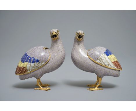A pair of Chinese cloisonné enamel quail censers and covers, 18th C. H.: 16 cm - L.: 13,5 cm  Provenance: The collection of a