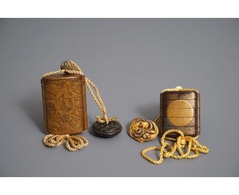 Two Japanese maki-e lacquer inro with ojime and netsuke, Meiji, 19th C. Dim.: 8 x 6,5 cmDim.: 6,5 x 5,5 cm  Provenance: A Bel