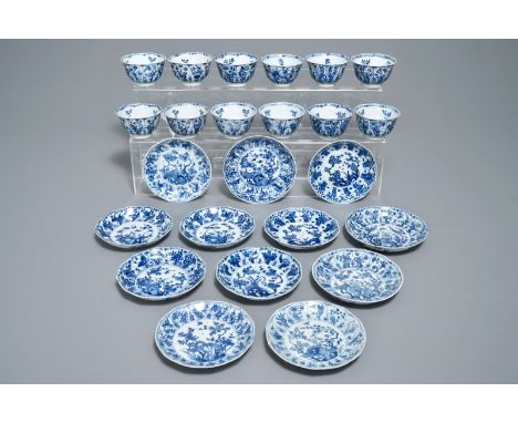 Twelve Chinese blue and white cups and saucers with floral design, Kangxi H.: 5 cm - Dia.: 9 cm (the cups)Dia.: 14 cm (the sa