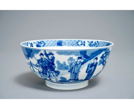 A Chinese blue and white bowl with figurative design all around, Kangxi/Yongzheng H.: 9 cm - Dia.: 19,5 cm We have more lots 
