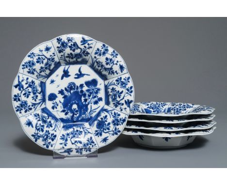 Five Chinese blue and white lobed plates with floral design, Kangxi Dia.: 21 cm We have more lots available exclusively on ou