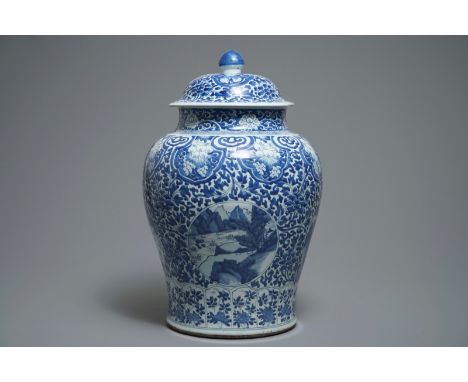 A large Chinese blue and white vase and cover with landscape medallions, Kangxi H.: 58 cm We have more lots available exclusi