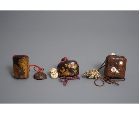 Three Japanese maki-e lacquer and bamboo inro with ojime and netsuke, Meiji, 19/20th C. Dim.: 8,5 x 5,5 cmDim.: 8 x 6 cmDim.: