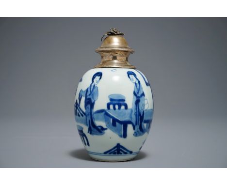 A Chinese blue and white silver-mounted tea caddy with Long Eliza, Kangxi H.: 15 cm We have more lots available exclusively o