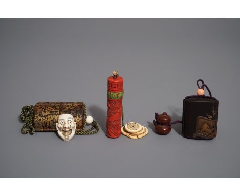 Three Japanese maki-e and red lacquer inro with ojime and netsuke, Meiji, 19/20th C. Dim.: 7,5 x 5 cmL.: 10,5 cm (the red lac