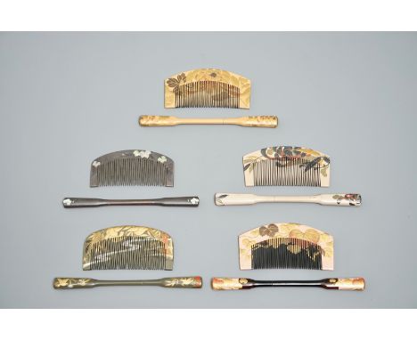 Twelve sets of Japanese lacquer Kushi combs and Kougai hair pins, Meiji, 19th C. Dim.: 10,5 x 5,5 cm (the largest comb) L.: 1