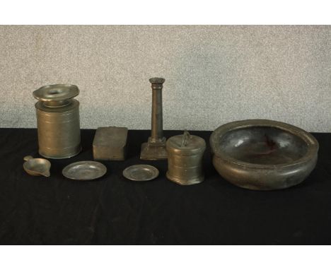 Assortment of various pewter to include candlestick, trinket dishes, bowl and other items. H.8 W.24cm. (largest) 