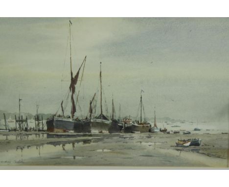 Sidney Cardew (b.1931), Morning Light at Pin Mill,  sailing boats moored on the beach, watercolour on paper, signed, framed, 