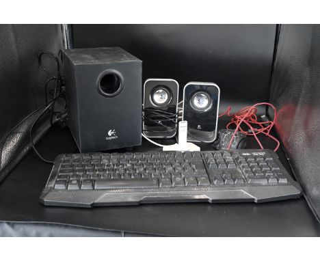 Computer gaming lot to include Nemesis Kane Pro LED gaming keyboard and mouse, Logitech LS21 stereo speaker system and TP lin