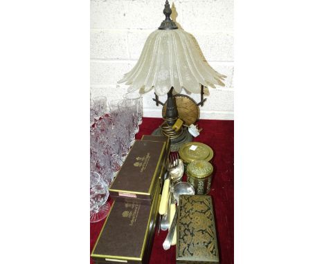 A modern brassed table lamp with opaque glass shade, 49cm high. five Arthur Price three-piece Dubarry boxed child sets of cut