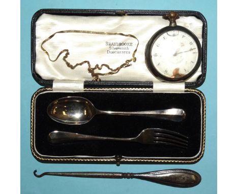 A pair-cased pocket watch&nbsp;by Philip Wadge, Lewanick, (in poor condition), a silver christening spoon and fork, Sheffield