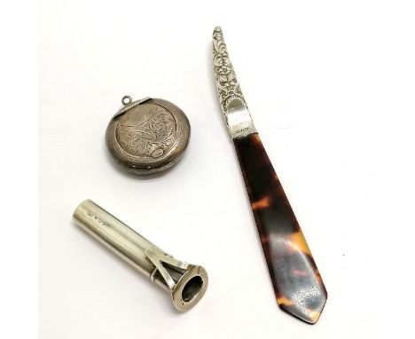 Silver posy holder by Robert Pringle (6cm - dents), silver handled paper knife &amp; pendant pill box (a/f) - total weight 24